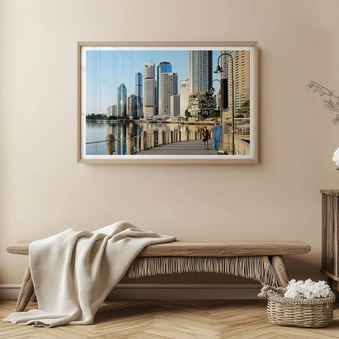 City Reach, Brisbane travel photography print in frame above sitting bench.