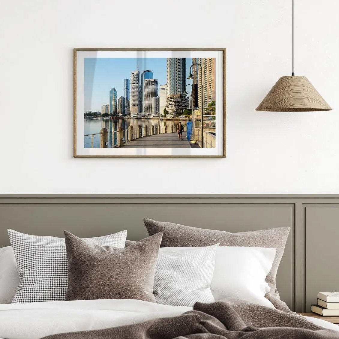 City Reach, Brisbane travel photography print in frame above king bed.