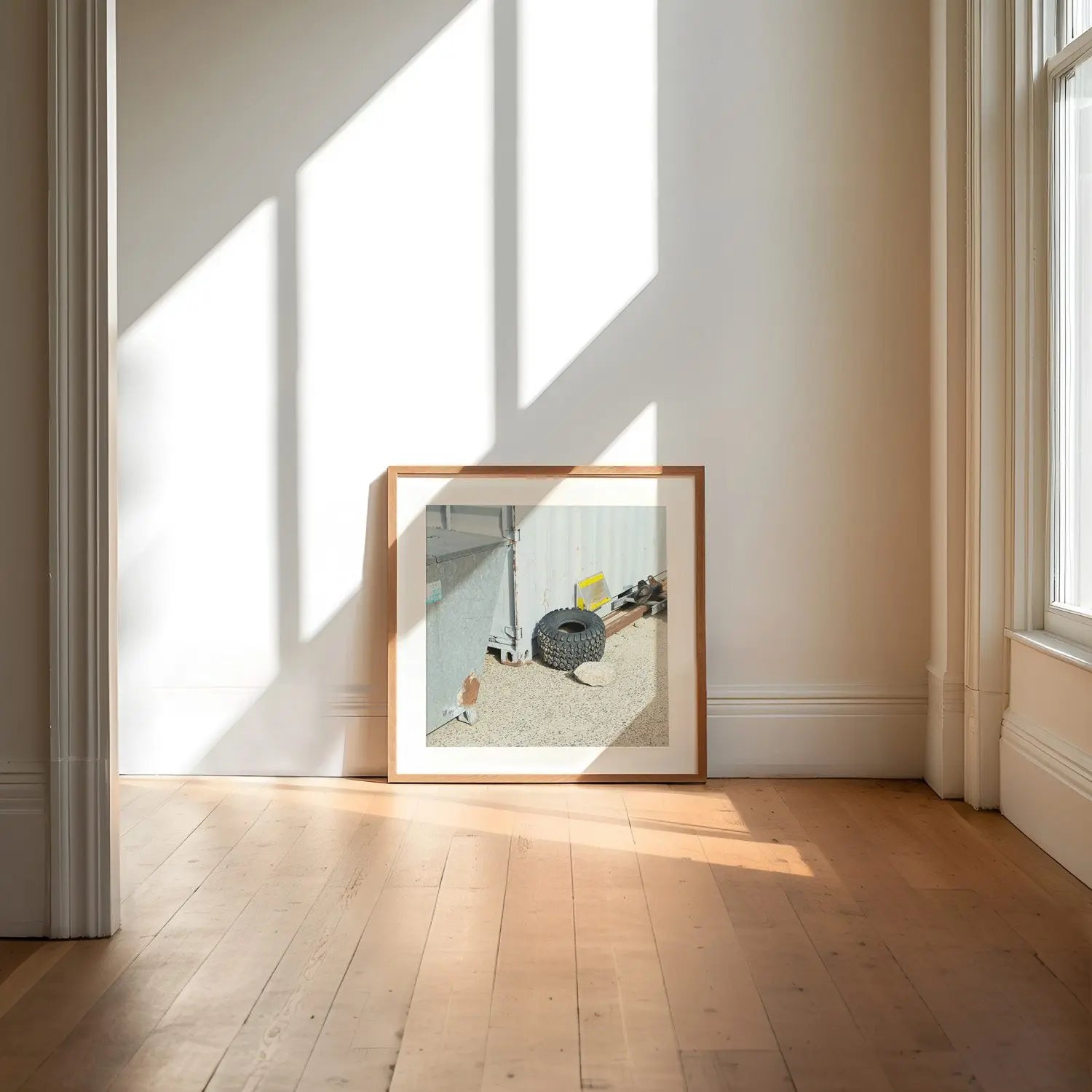Feeling Tyred, Smiggins street photography print in frame in loft.