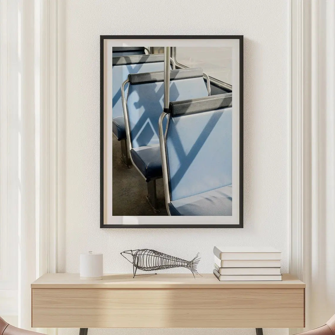 The afternoon shuttle, Smiggins street photography print in frame in sitting room.