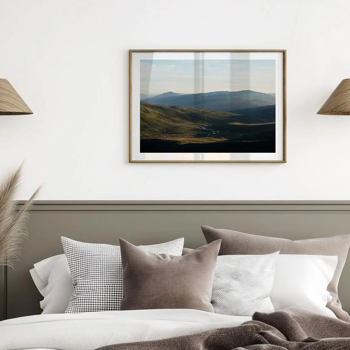 First Rays, Kosciuzko National Park travel photography print in frame above king bed.
