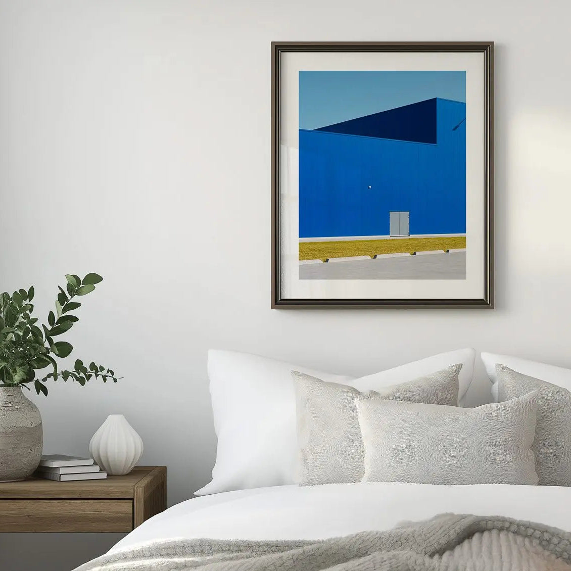 Hej!, Canberra minimalist photography print in frame above bed.