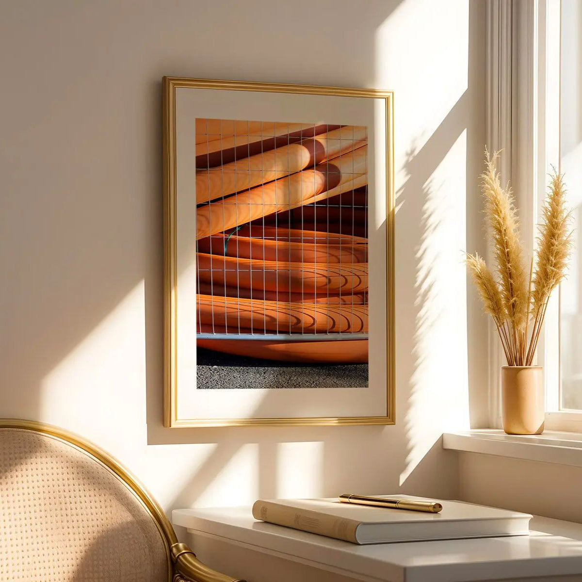 Tubes #1, New South Wales minimalist photography print in frame by window.