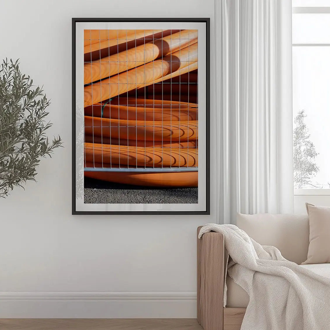 Tubes #1, New South Wales minimalist photography print in frame by window.